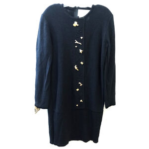 Vintage Steve Fabrikant Neiman Marcus Dress Sz L Black Gold Mushrooms Wool Blend